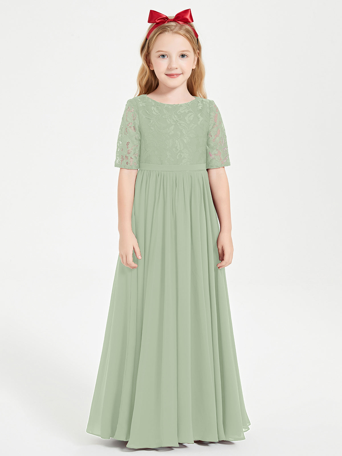 Lace Top Half Sleeved Junior Bridesmaids Dresses Dusty Sage
